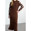 Women Fashion Stylish Hijab Maxi Length Crew Neck Fitted Ribbon Patterned Knit Dress