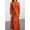 Women Fashion Stylish Hijab Long Shirt Collar Regular Waist Tied Woven Aerobin Dress