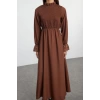 Kadın Moda Şık Tesettür Uzun Dik Yaka Regular Gipeli Dokuma Elbise