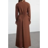 Kadın Moda Şık Tesettür Uzun Dik Yaka Regular Gipeli Dokuma Elbise