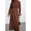 Kadın Moda Şık Tesettür Uzun Dik Yaka Regular Gipeli Dokuma Elbise