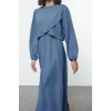 Kadın Moda Şık Tesettür Uzun Bisiklet Yaka Fitted Peplum Detaylı Dokuma Elbise