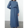Kadın Moda Şık Tesettür Uzun Bisiklet Yaka Fitted Peplum Detaylı Dokuma Elbise