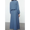 Kadın Moda Şık Tesettür Uzun Bisiklet Yaka Fitted Peplum Detaylı Dokuma Elbise