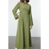 Kadın Moda Şık Tesettür Uzun Gömlek Yaka Regular Bağlama Detaylı Dokuma Elbise