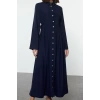 Kadın Moda Şık Tesettür Uzun Gömlek Yaka Regular Bağlama Detaylı Dokuma Elbise