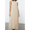 Women Fashion Stylish Hijab Long Crew Neck Regular Pleated Woven Underwear Dress