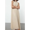 Women Fashion Stylish Hijab Long Crew Neck Regular Pleated Woven Underwear Dress