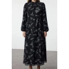 Women Fashion Stylish Hijab Maxi Length Stand Collar Regular Chiffon Floral Patterned Woven Dress