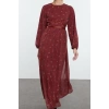 Women Fashion Stylish Hijab Maxi Length Crew Neck Regular Chiffon Stripe Detail Patterned Woven Dress