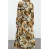 Women Fashion Stylish Hijab Maxi Length Shirt Collar Regular Floral Pattern Pleated Woven Dress