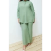 Womens Fashion Stylish Wide Leg Regular Length Half Hidden Placket Shoulder Detailed Tunic-Pants Woven Set