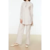 Womens Fashion Stylish Wide Leg Regular Length Half Hidden Placket Shoulder Detailed Tunic-Pants Woven Set