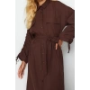 Womens Hijab Maxi Length Oversize Belted Adjustable Sleeves Cotton Woven Shirt Dress
