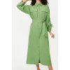 Womens Hijab Maxi Length Oversize Belted Adjustable Sleeves Cotton Woven Shirt Dress