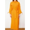 Womens Hijab Maxi Length Oversize Belted Adjustable Sleeves Cotton Woven Shirt Dress