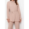 Women Fashion Stylish Wide Leg Regular Length Long Sleeve Belted Woven Aerobin Shirt-Pants Set