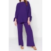Women Fashion Stylish Wide Leg Short Length Long Sleeve Batwing Sleeve Woven Aerobin Tunic-Pants Set