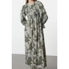 Kadın Moda Şık Tesettür Maxi Boy Bisiklet Yaka Regular Çiçek Baskılı Beden Gipeli Dokuma Elbise