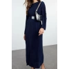 Kadın Moda Şık Tesettür Maxi Boy Bisiklet Yaka Regular Piliseli Kemer Detaylı Örme Elbise