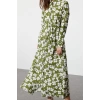 Women Fashion Stylish Hijab Midi Length Shirt Collar Regular Floral Patterned Belted Woven Dress