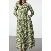 Women Fashion Stylish Hijab Midi Length Shirt Collar Regular Floral Patterned Belted Woven Dress