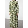 Women Fashion Stylish Hijab Midi Length Shirt Collar Regular Floral Patterned Belted Woven Dress