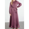 Women Fashion Stylish Hijab Maxi Length Stand Collar Regular Satin Belt Detailed Woven Dress