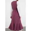 Kadın Moda Şık Tesettür Uzun V Yaka Relaxed Çizgili Dokuma Jile Elbise