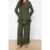 Women Fashion Stylish Regular Length Three Quarter Sleeve Gathered Aerobin Tunic Pants Woven Bottom Top Set