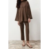 Womens Fashion Stylish Regular Length Long Sleeve Collar Detailed Woven Bottom Top Set