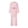 Womens Fashion Stylish Regular Long Length Long Sleeve Front Rose Flower Detailed Woven Bottom-Top Set