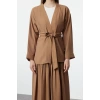 Women Fashion Stylish Regular Maxi Length Long Sleeve Belted Kimono-Pleated Skirt Woven Bottom-Top Set