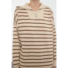 Women Fashion Stylish Hijab Maxi Length Turn-down Collar Relaxed Striped Zipper Detail Long Knitted Dress