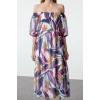 Women Fashion Stylish Midi Length Carmen Collar Regular Floral Gipel Chiffon Woven Dress