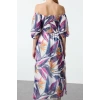 Women Fashion Stylish Midi Length Carmen Collar Regular Floral Gipel Chiffon Woven Dress