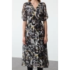Women Fashion Stylish Midi Length Double Breasted Regular Animal Patterned Chiffon Woven Dress