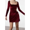 Women Fashion Stylish Mini Length Square Neck Fitted Cut Out Window Detail Velvet Knit Dress