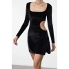 Women Fashion Stylish Mini Length Square Neck Fitted Cut Out Window Detail Velvet Knit Dress