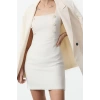 Women Fashion Stylish Mini Length Square Collar Slim Button Detailed Tweed Woven Dress