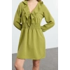 Kadın Moda Şık Mini Boy V Yaka Regular Volan Detaylı Gipeli Dokuma Elbise