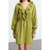 Kadın Moda Şık Mini Boy V Yaka Regular Volan Detaylı Gipeli Dokuma Elbise