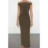 Women Fashion Stylish Midi Length Carmen Collar Fitted Dress