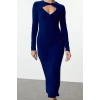 Women Fashion Stylish Midi Length Crew Neck Fitted Bodycon Cut Out Window Detail Knitted Dress