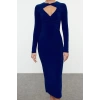 Women Fashion Stylish Midi Length Crew Neck Fitted Bodycon Cut Out Window Detail Knitted Dress