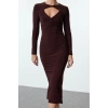Women Fashion Stylish Midi Length Crew Neck Fitted Bodycon Cut Out Window Detail Knitted Dress