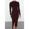 Women Fashion Stylish Midi Length Crew Neck Fitted Bodycon Cut Out Window Detail Knitted Dress