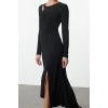 Womens Fashion Stylish Midi Length Crew Neck Fitted Hem Flounce Detailed Knitted Dress
