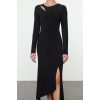 Womens Fashion Stylish Midi Length Crew Neck Fitted Hem Flounce Detailed Knitted Dress