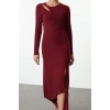 Womens Fashion Stylish Midi Length Crew Neck Fitted Hem Flounce Detailed Knitted Dress
